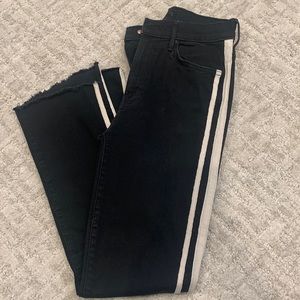 Womens Mother Insider crop step fray black jeans with crème racing stripe -